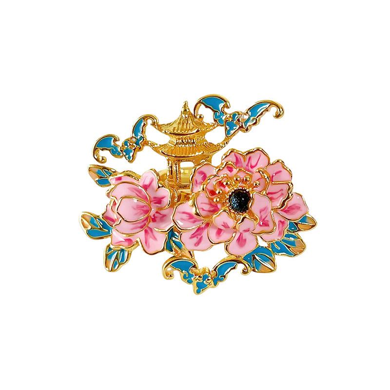 Medieval Vintage Stackable Ring Oriental Aesthetics Pavilion Peony Enamel Open‑Adjustable Niche New Chinese Style Fashion Jewelry