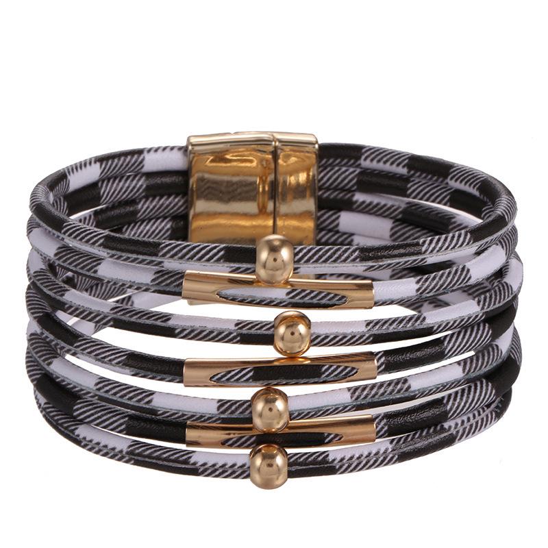 Leopard Print Magnetic Buckle Leather Bracelet: Alloy Beaded Cord with Copper Tube