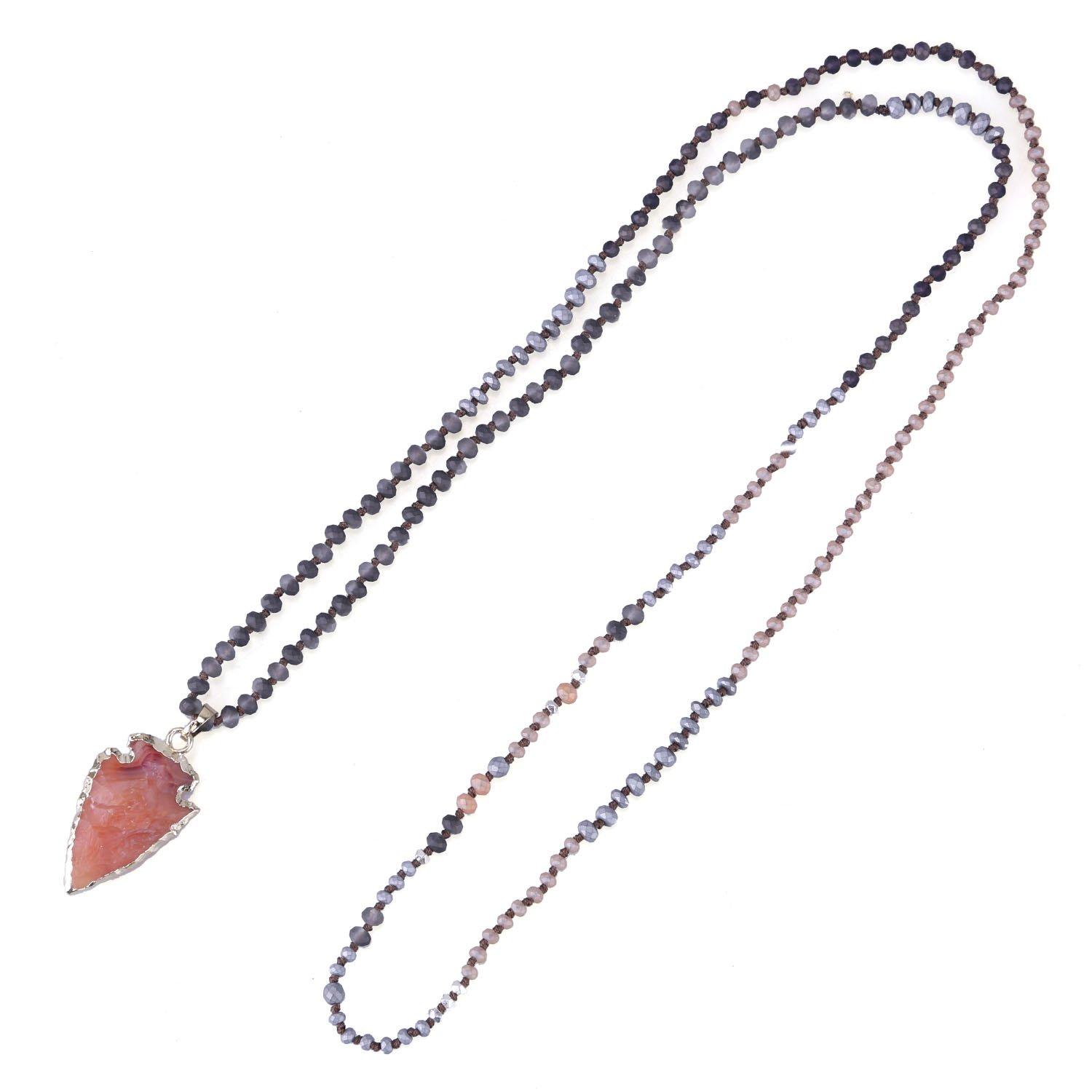 KELITCH Matte Agate Crystal Bead Necklace Gemstone Pendant Statement Long Necklace for Women (Pendant 2)