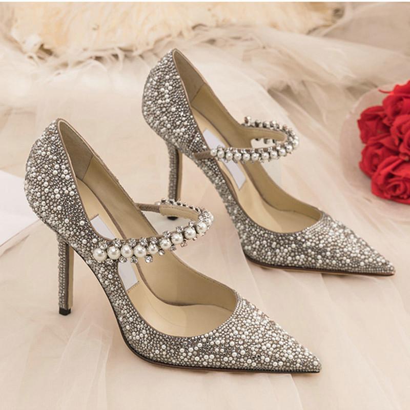 2025 Wedding Shoes Women'S Pearl Crystal High Heels Women'S Stiletto Pointy Net Red Champagne Dress Single Shoes