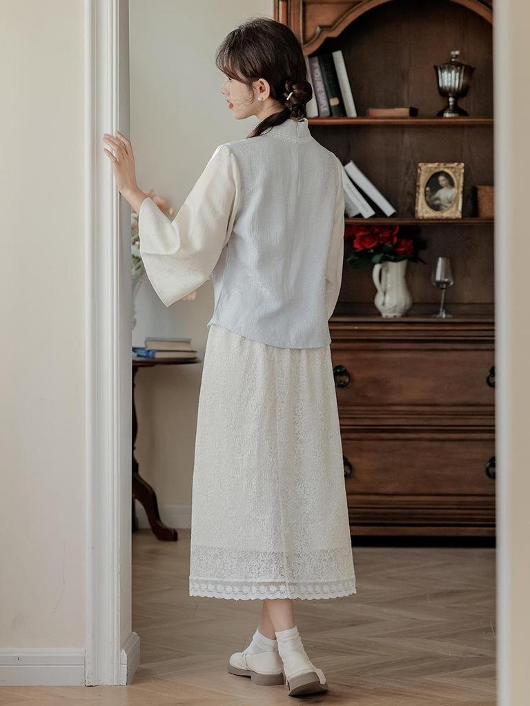 Zen Style Women's New Chinese National Set: Wide Sleeves Top & Lace Skirt.