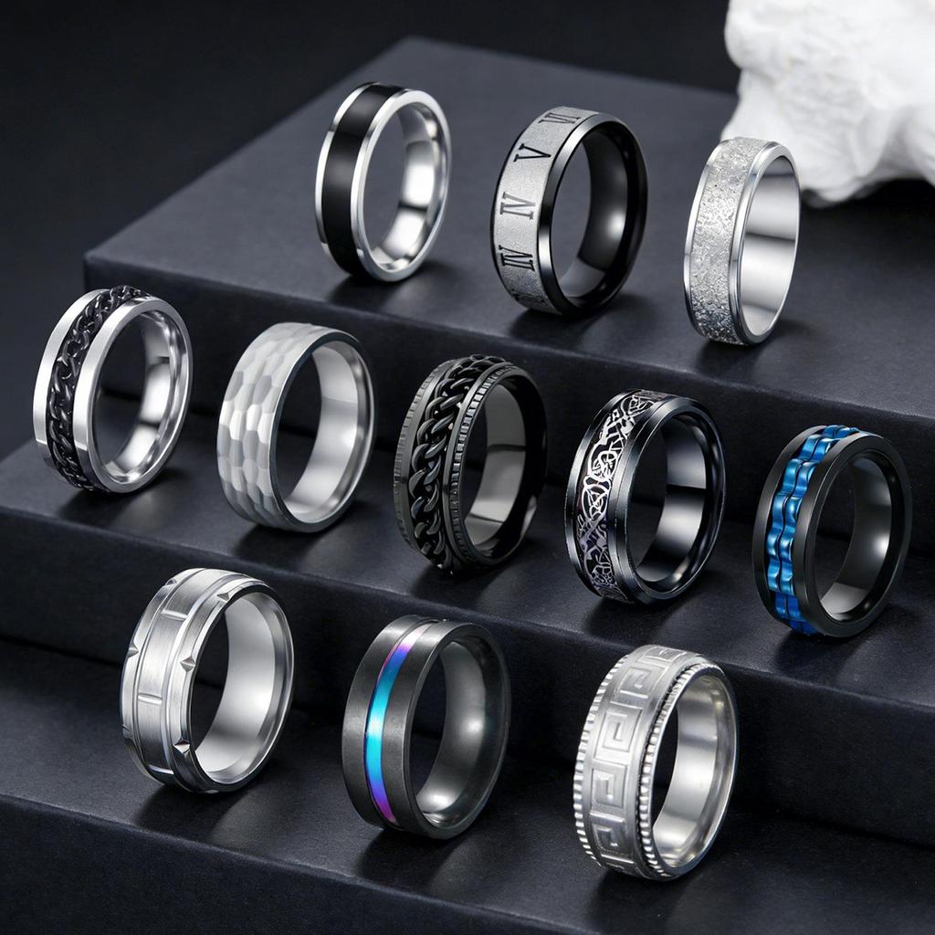 12-Piece Rotating Fidget Chain Ring Set In Stainless Steel