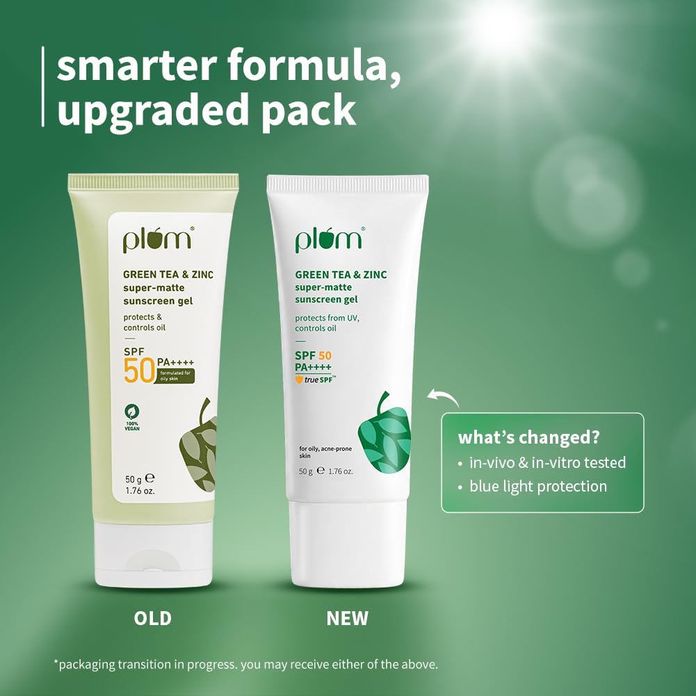 Plum Green Tea & Zinc Super-Matte Gel Sunscreen SPF 50 PA ++++ | 50g | Formulated for Oily, Combination and Acne Prone Skin | Protects & Controls