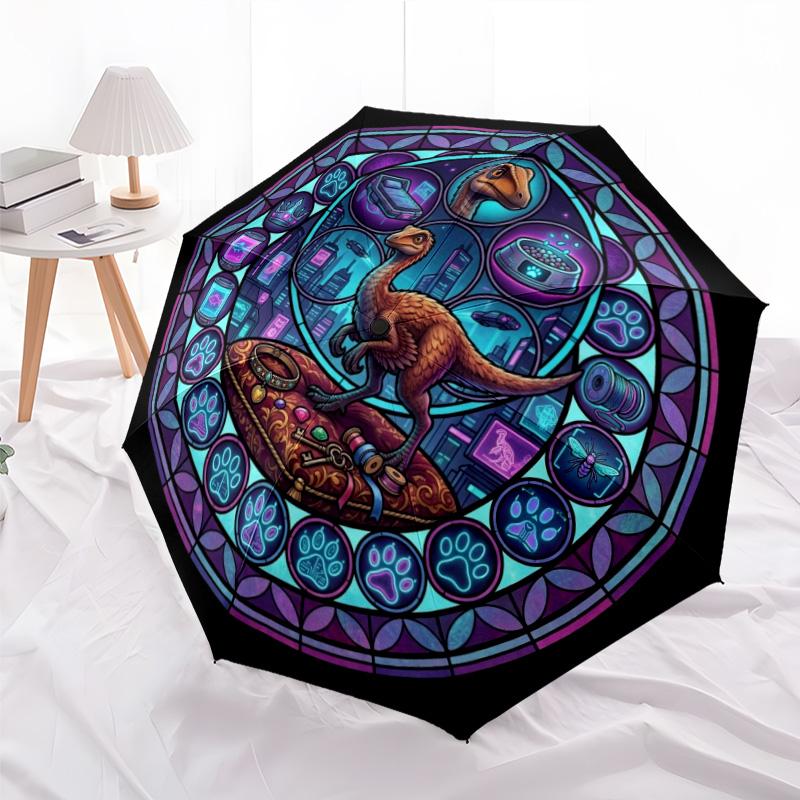 Glass Dinosaur Cityscape pattern umbrella, portable and foldable design, 8 ribs, a casual accessory for Halloween, Christmas, and birthday gifts.