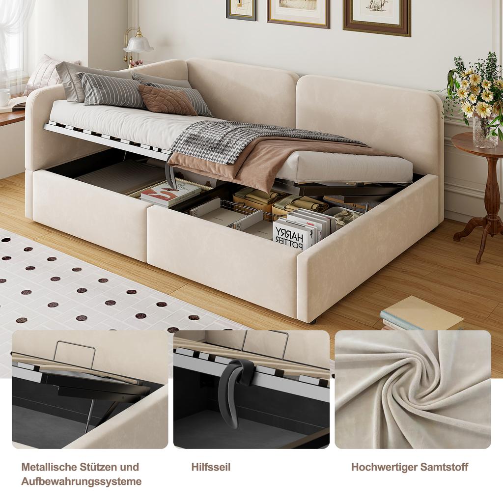 Letto imbottito 90x200 divano letto, velluto, contenitore idraulico, testiera alta, schienale intercambiabile, adatto per bambini e adulti, beige