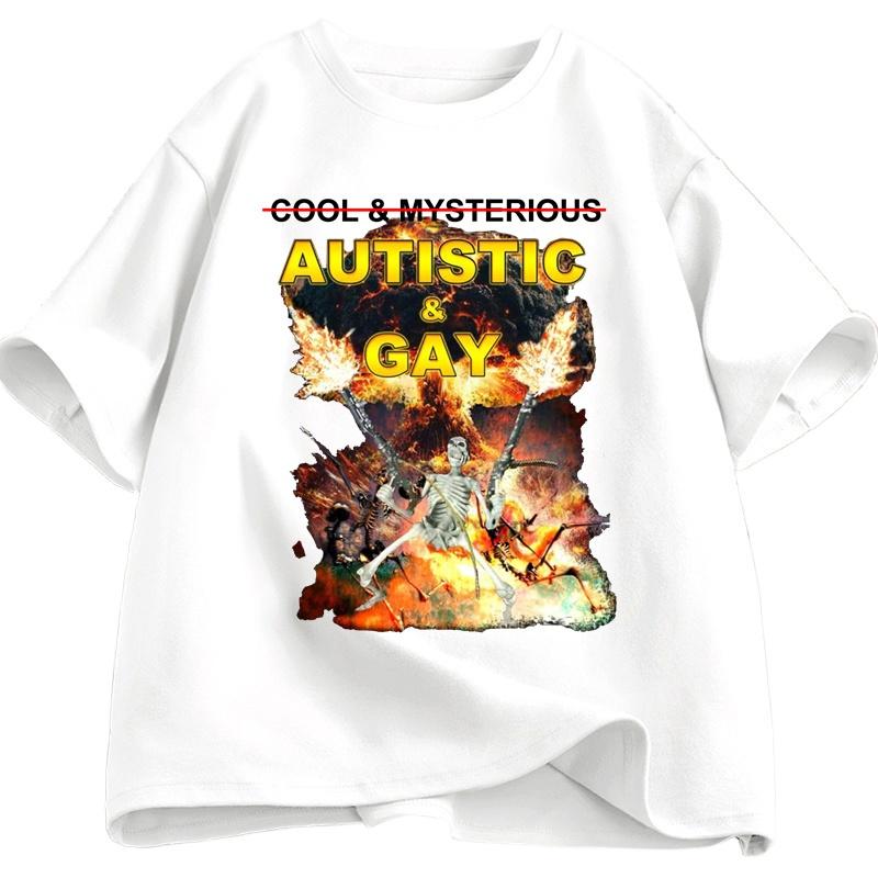 Autistic and Gay Skeleton Explosion T-Shirt Unhinged Graphic T Shirts Cursed Skeleton Autism Meme Men Women Tees Clothes Summer