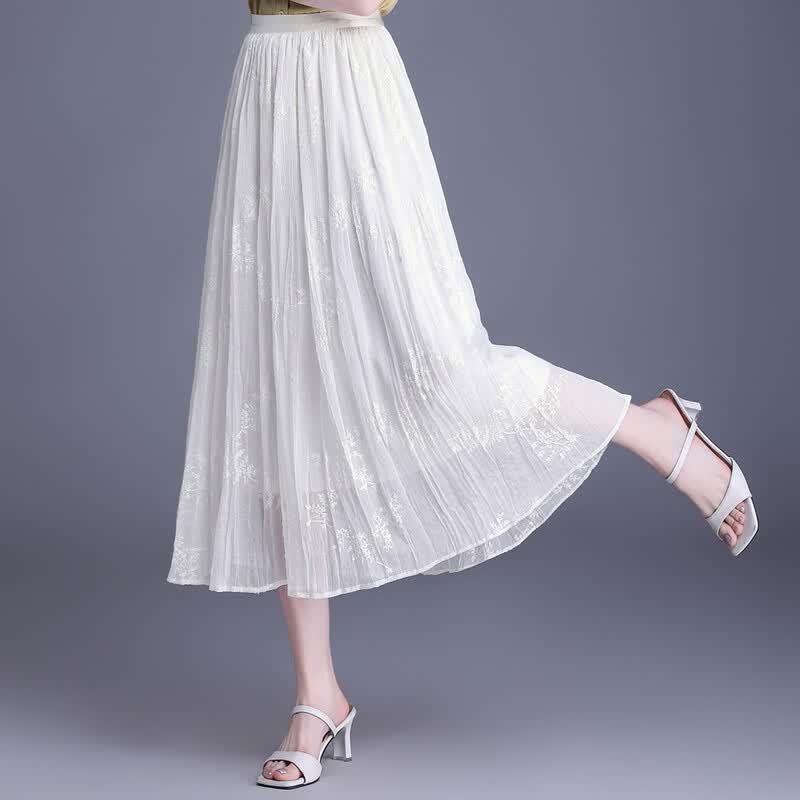 French Romantic Embroidered Floral A-Line Maxi Skirt