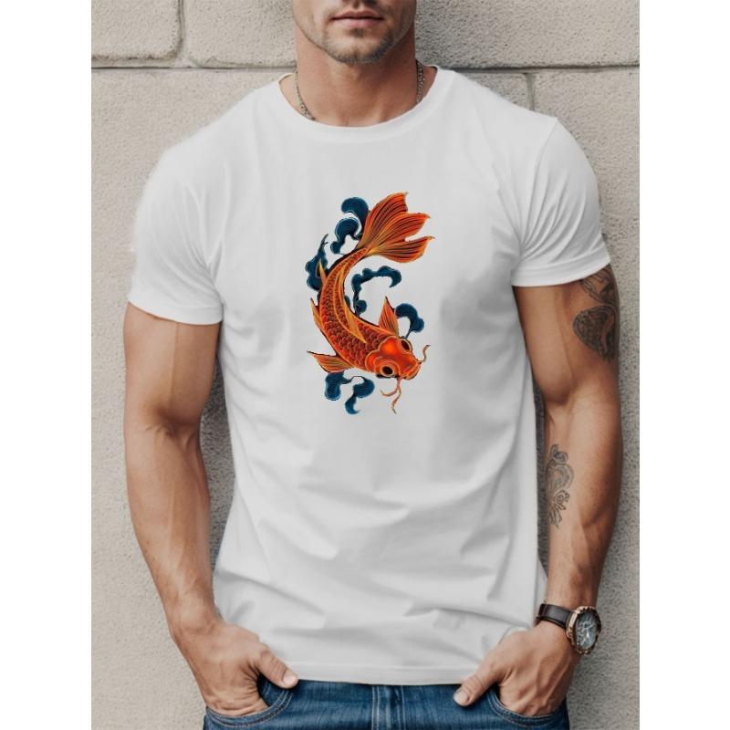

European sizes Koi Graphic Print Men s Creative Top, Casual Short Sleeve Crew Neck T-shirt, Men s Clothing For Summer Outdoor 4XL білий