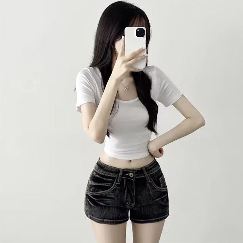 Spicy Girl Korean Low-Rise Gray Denim Y2K Hip-Hugging Hot Pants