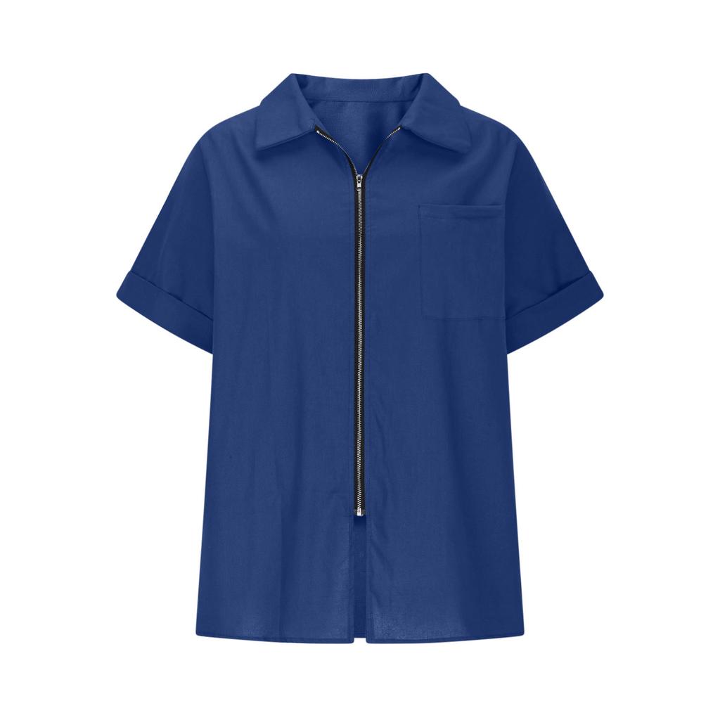 2026 Spring/Summer Cotton-Linen Pocket Button Short-Sleeve Shirt Casual Women's T-Shirt