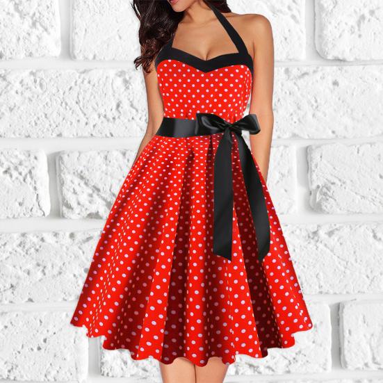 Dot Print Off Shoulder Backless Bowknot Decor A-Line Gown Dress Halter Bandeau Skater Hem Party Dress Female Clothing
