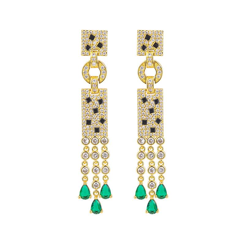 Cross Border Hot New Tassel Earrings With Silver Gold-plated Micro Inlaid Emerald Simulated Batch