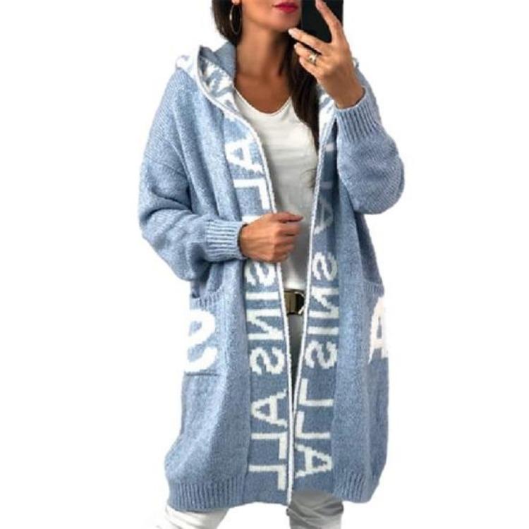 Cappotto Invernale da Donna Maglione Lungo con Cappuccio Autunno Spesso Caldo Lavorato a Maglia Lunghezza Media Ampio Chiusura con Zip Tasche Fantasia Lettere