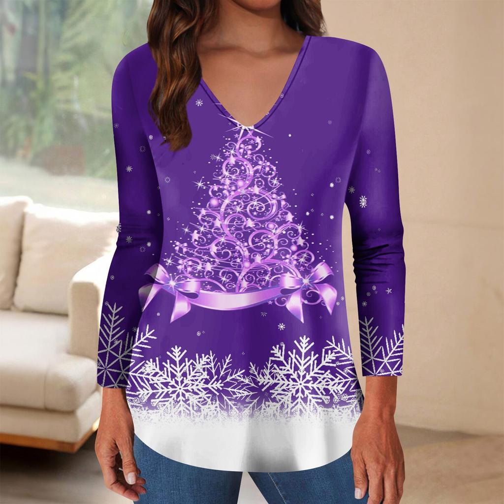 Long Sleeve Shirts For Women Christmas Print Graphic Tees Blouses Casual Plus Size Basic Tops Pullover