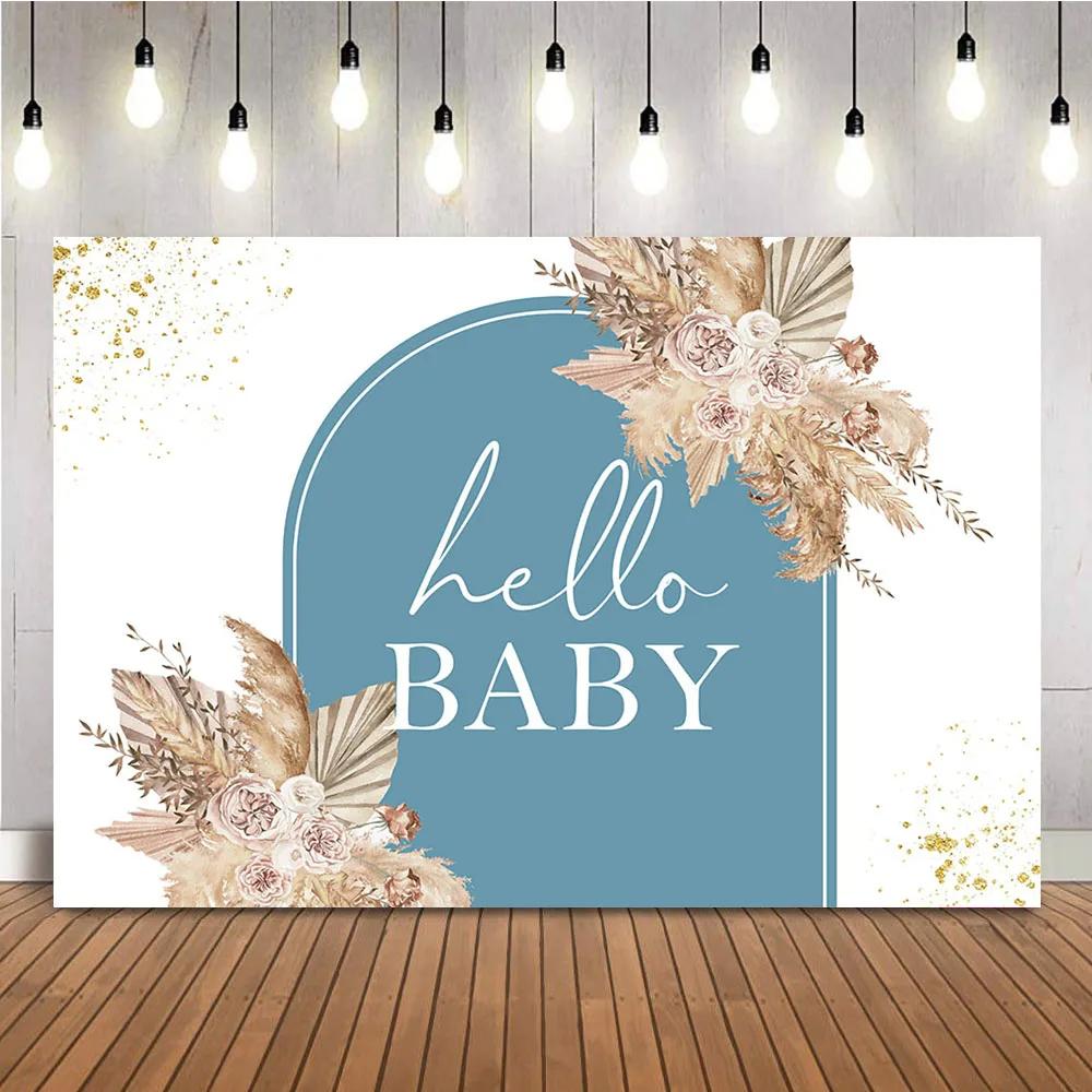Boho Baby Shower Backdrop Pampas Grass Background for Baby Shower Theme Decoration Hello Baby Floral Boho Party Supplies
