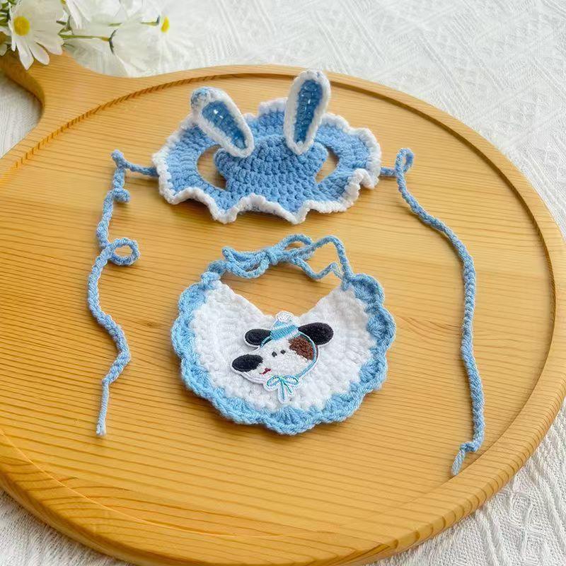 Pet Birthday Decoration Set Knitted Cat Bibs Hats Crochet Dogs Scarves Decorative Cat Collar Necklace Pet Birthday Party Essentials Kit