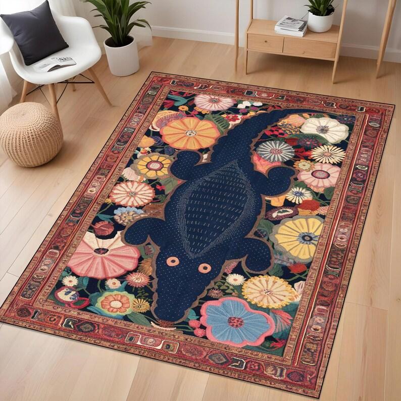 Whimsical Alligator Tiger Rug Playful Floral Pattern Colorful Folk Art Rug for Kids Room or Animal Themed Playful Nursery Decor