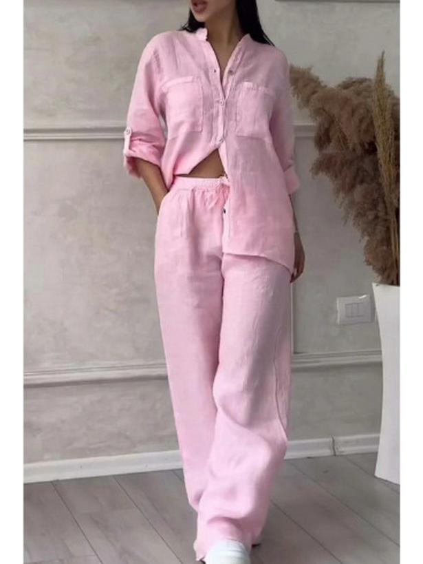 2024 Damen Einfarbig Einreihig Langarmhemd & Weitbein Hosen mit Bindegürtel Set