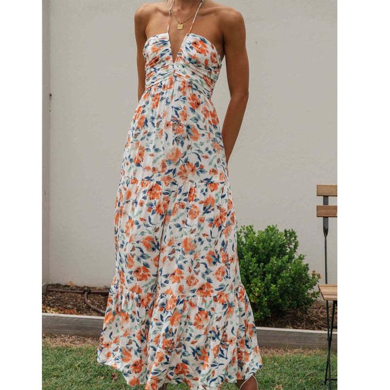 Summer Chiffon V-neck Sleeveless Long Dress For Holiday Sexy Flower Printed High Waist Loose Beach Dress Women Vestidos 25318