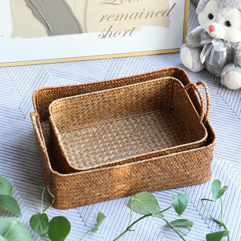 Japanese Woven Grass Snack Storage Basket, Desktop Tidy Organizer Bin, Eco-friendly Natural Handmade Wicker for Home Kitchen