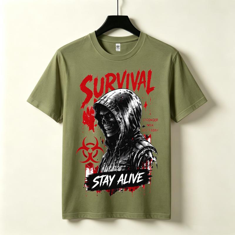 Survival Stay Alive Graphic Tshirt Skull Hood Biohazard Symbol Print Dark Grunge Gothic Streetwear Edgy Casual Urban Top