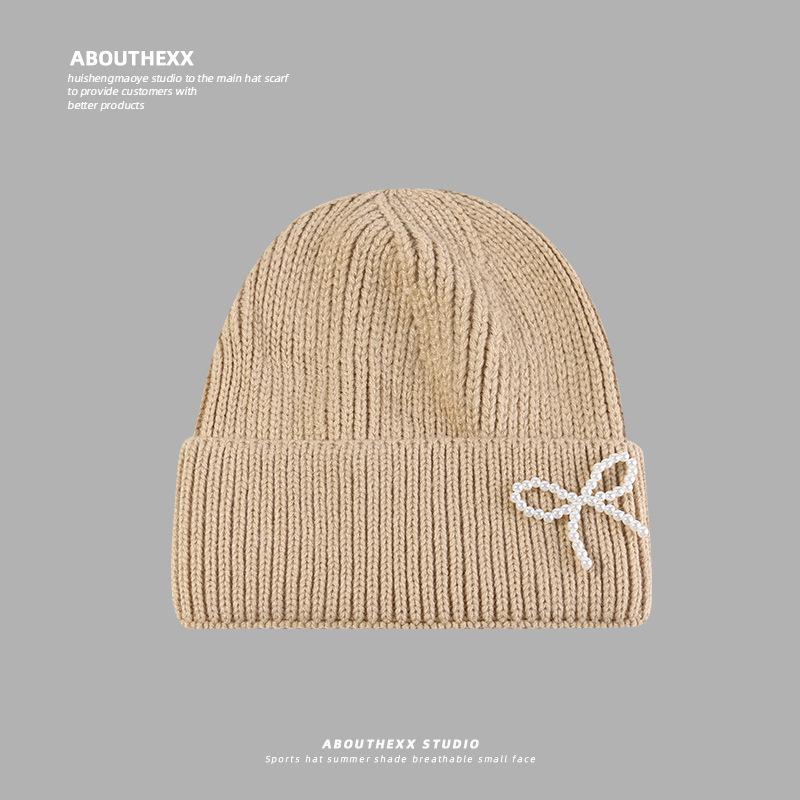 Pearl Bow Autumn and Winter Warm Woolen Hat for Women Korean Knitted Hat Showing Face Small Versatile Couple Pullover Cold Hat