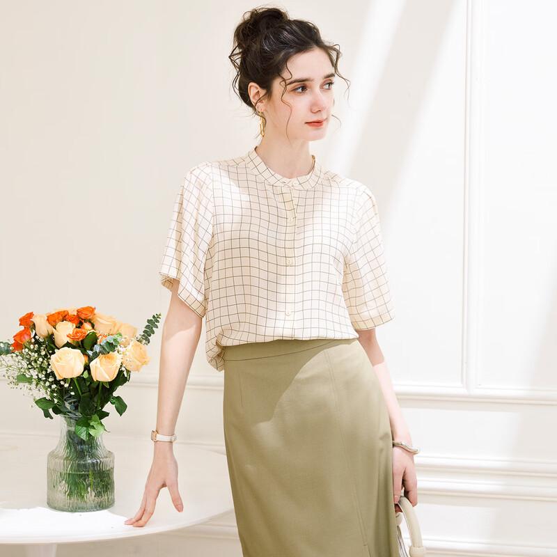 TUHUANG Women s 100% Mulberry Silk Plaid Short Sleeve Blouse M