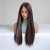 ALAN EATON Ciemnobrązowe Peruki Syntetyczne z Różowym Pasemkiem Długie Proste Peruki z Naturalnych Włosów z Długą Grzywką dla Kobiet Cosplay Peruka Lolita Odporna na Ciepło