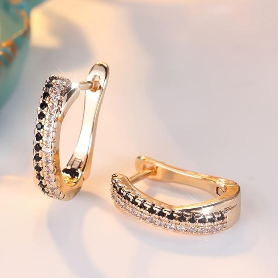 1 Pair of Women'S Golden Oval Double Row Black and White Earrings | 14K Golden Plated, Copper with Synthetic Zirconia, Fashionable and Super Bright