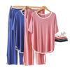 Women's Plus Size Summer Two-Piece Set: Solid Color Round Neck Short Sleeve Top & Long Pants for Homewear, Loose Fit, Lightweight