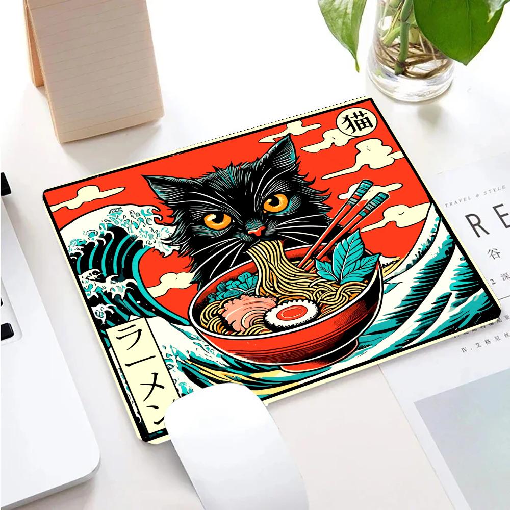Japanese Cat Eating Ramen kawaiiMouse Pad Square Gaming Accessory Rubber Deskmats Non-Slip Computer Keyboard Mat Laptop Mousepad