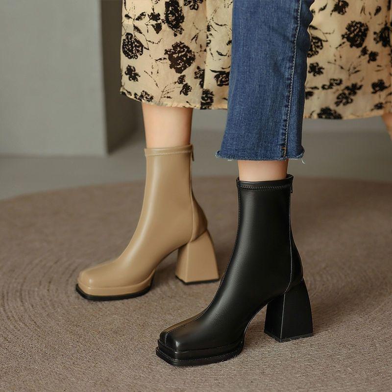 Women's Soft Leather Elastic Ankle Chunky Heel Boots - Autumn/Winter 2025, Square Toe, Plush, Platform Martin Style.