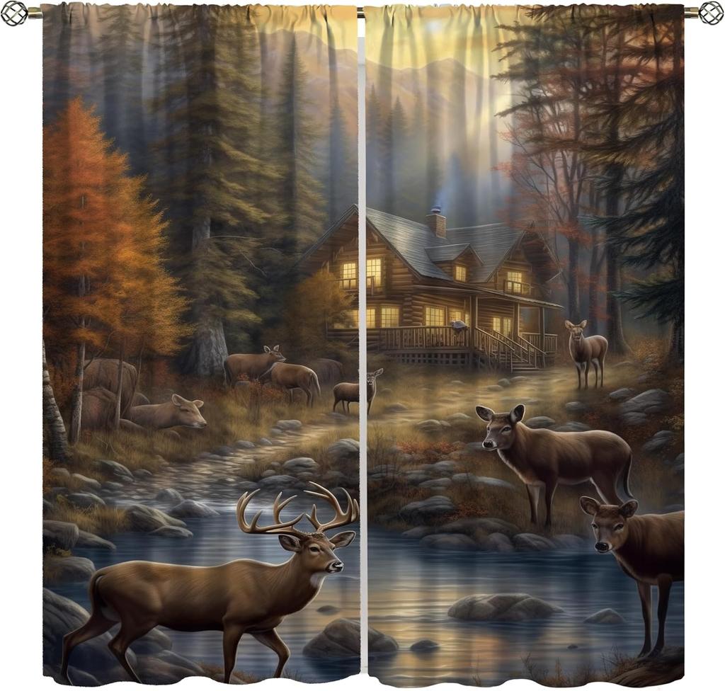Farmhouse Deer Curtains Bedroom Vintage Rustic Fall Hunting River Cabin Elk Wildlife Window Drape Boys Girls Living Room Curtain For Sitting Polyester