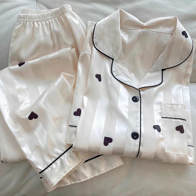French Sweet Elegant Black Heart-shape Print Women's Pajamas Korean Ins Harajuku Striped Homewear New Summer Y2k Sleepwear
