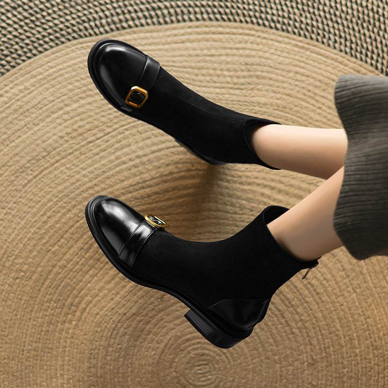 Krazing Po Microfiber Flock Winter Round Toe Size 33 Chelsea Boots Size 43 Zipper Metal Buckle Low Heels Ankle Boots