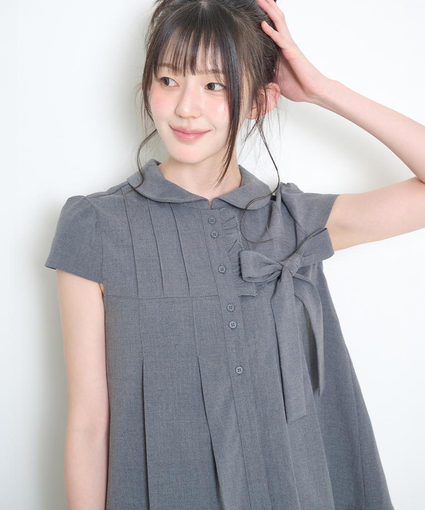 ILLIGO Ribbon Pleated Short Sleeve Blouse Gray