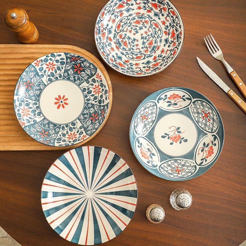 Bamboo Woven Japanese Ceramic Plate Tableware Creative Retro Home Underglaze Color Plate Set Opening Gift