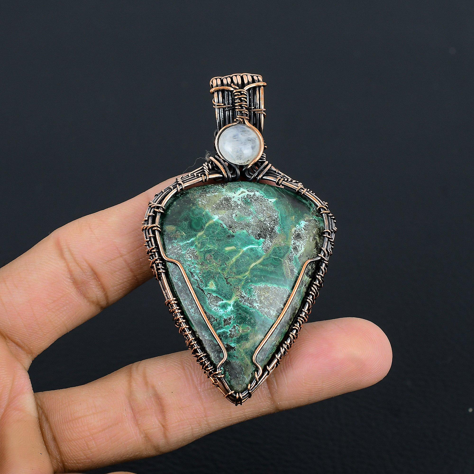 

Кулон из азурита и лунного камня, ювелирное изделие из драгоценного камня, обернутое медной проволокой 999 пробы, кулон ручной работы, на День благодарения 2.55 Inches