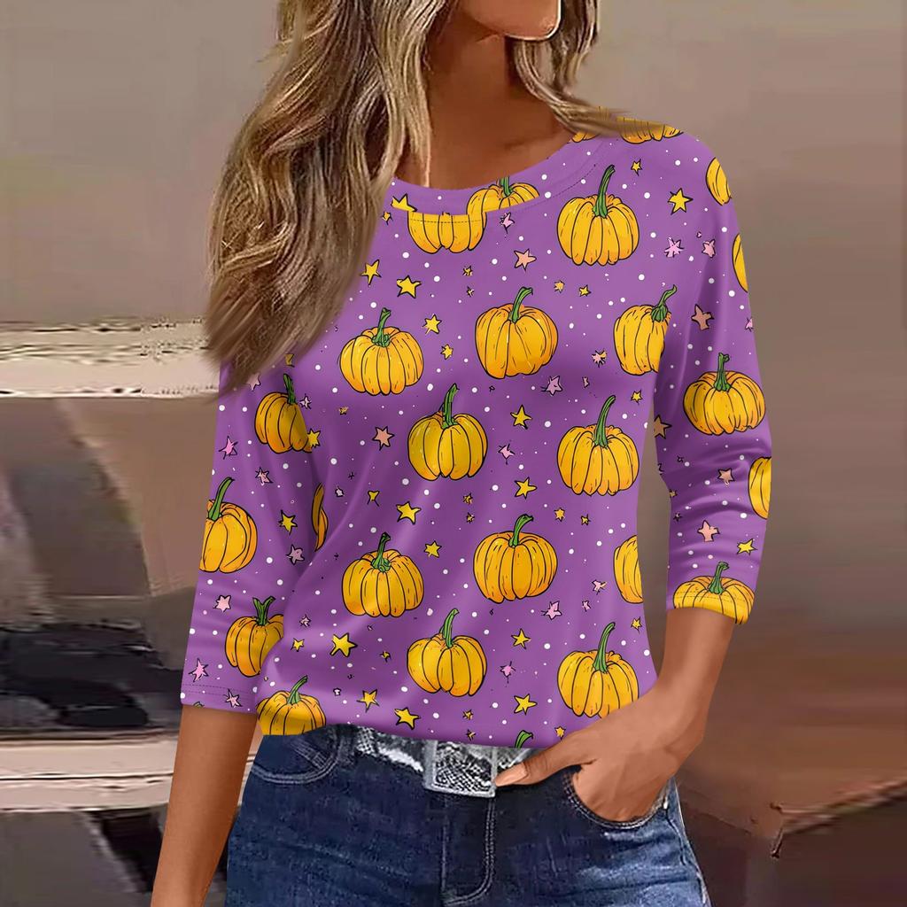Women’s Three Quarter Sleeve Round Neck Loose Fit Casual Shirt with Halloween Themed Print Pullover Top for Daily Wear