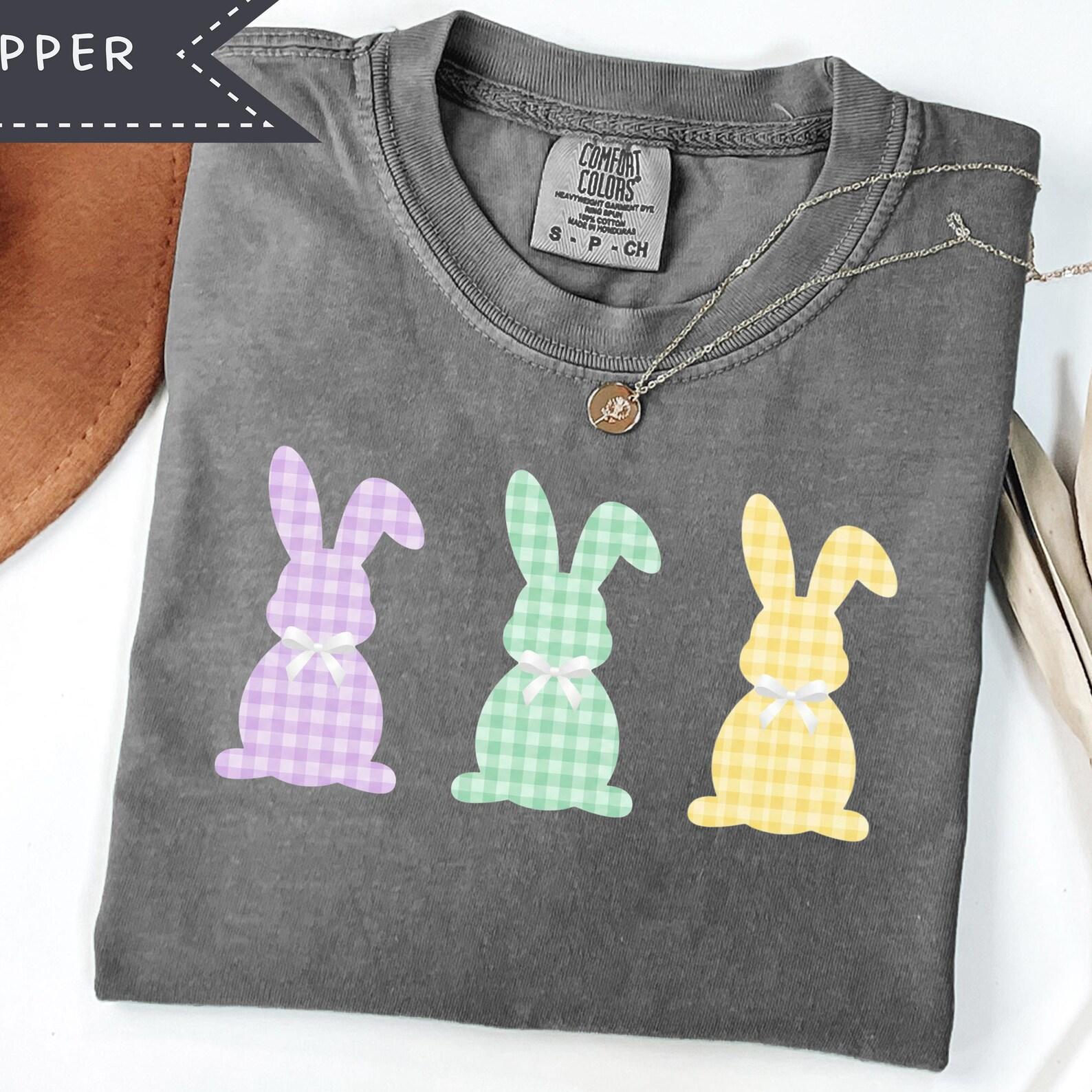 Gingham Easter Bunny T-Shirt, Cute Easter Shirt for Women, Easter Crewneck, Easter Shirts, Coquette Bow Easter Bunny Comfort Colors S