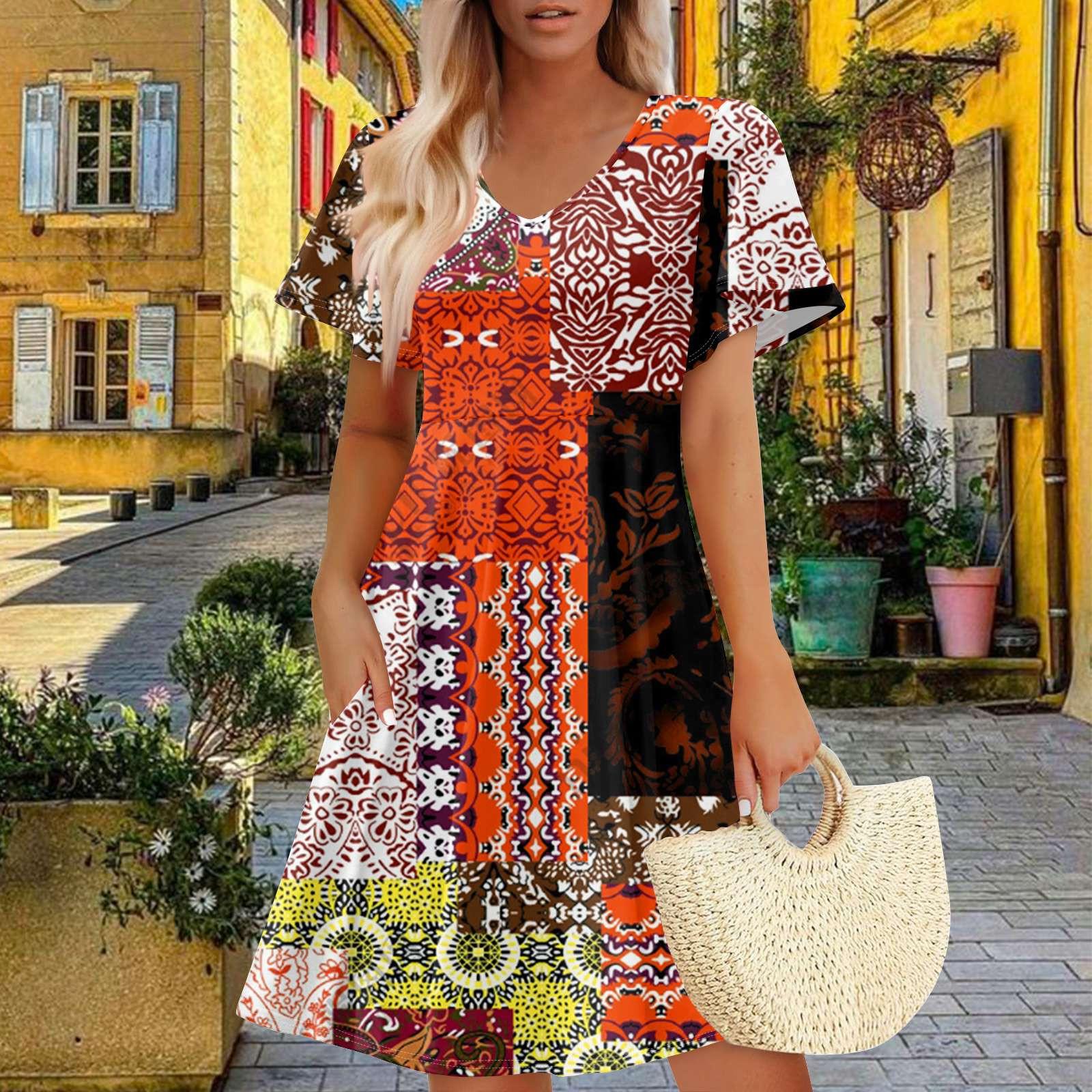 

Women Summer Dress Casual Swing Floral Ruffle Short Sleeve Sundresses Beach A-line Dress With Pockets XXL винний