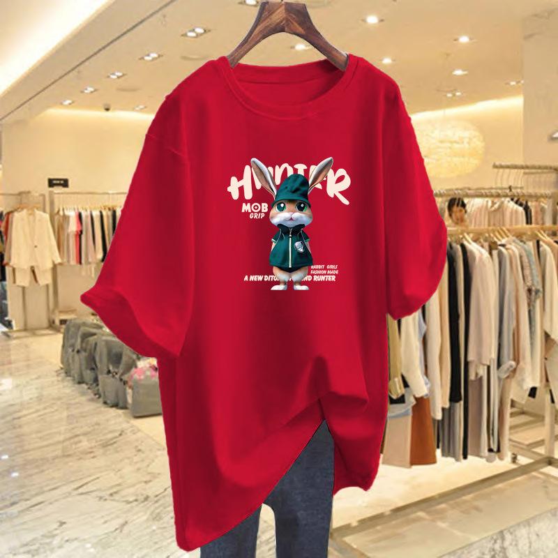 Summer New Cotton Fashion Rabbit Print Loose Short-sleeved T-shirt Women's Top Bottoming Shirt