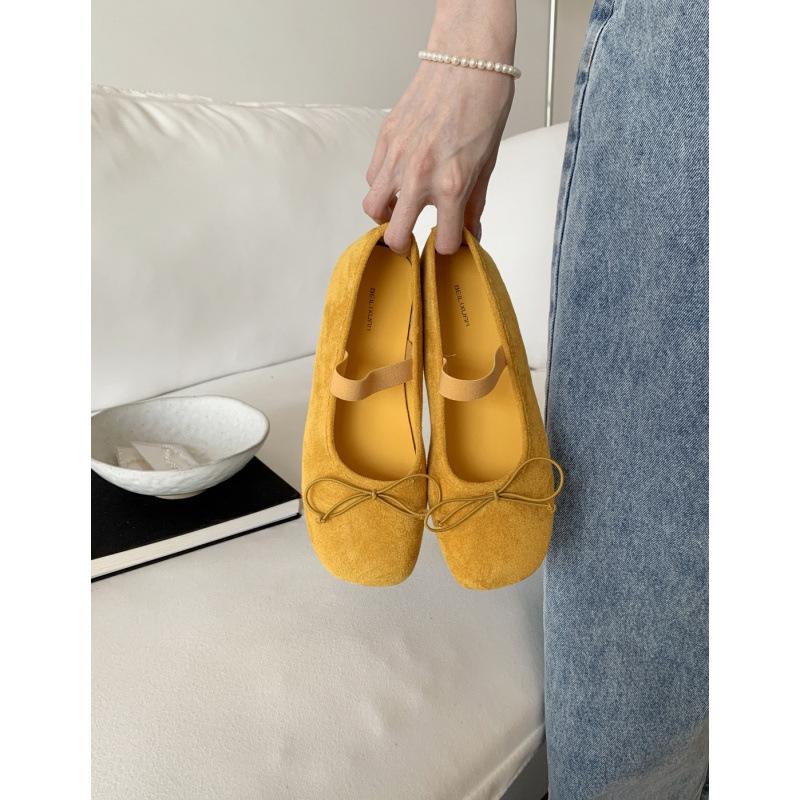 Spring and Summer Yellow Square Head Small Single Shoes Thick Soft Sole Women's Shoes New Bow Mary Jane Shoes Ballet Shoes