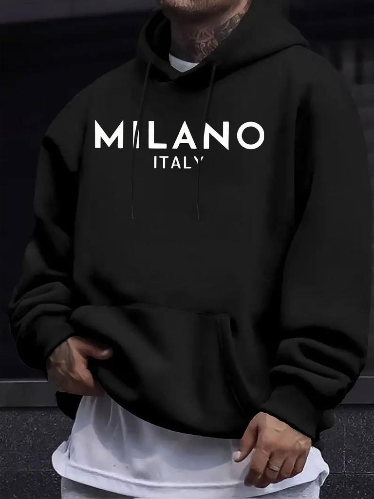American/European Style unisex Autumn/Winter Printed Hooded Long-Sleeve Sweatshirt, MILANO Italian City Letter Print Hooded Sweatshirt, Simple and Cle