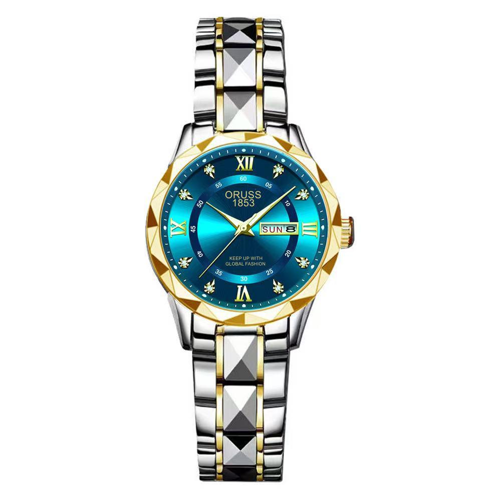 Women'S Fashion Rhombus Double Calendar Luminous Waterproof Quartz Watch Solid Belt