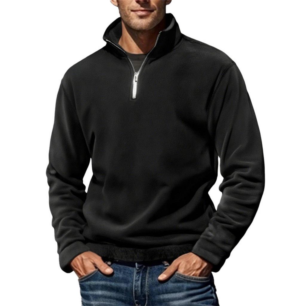 Men's Solid-color Casual Fleece And Pile Warm Jacket, Men's Stand-up Collar One-third Zipper Pullover Hoodie