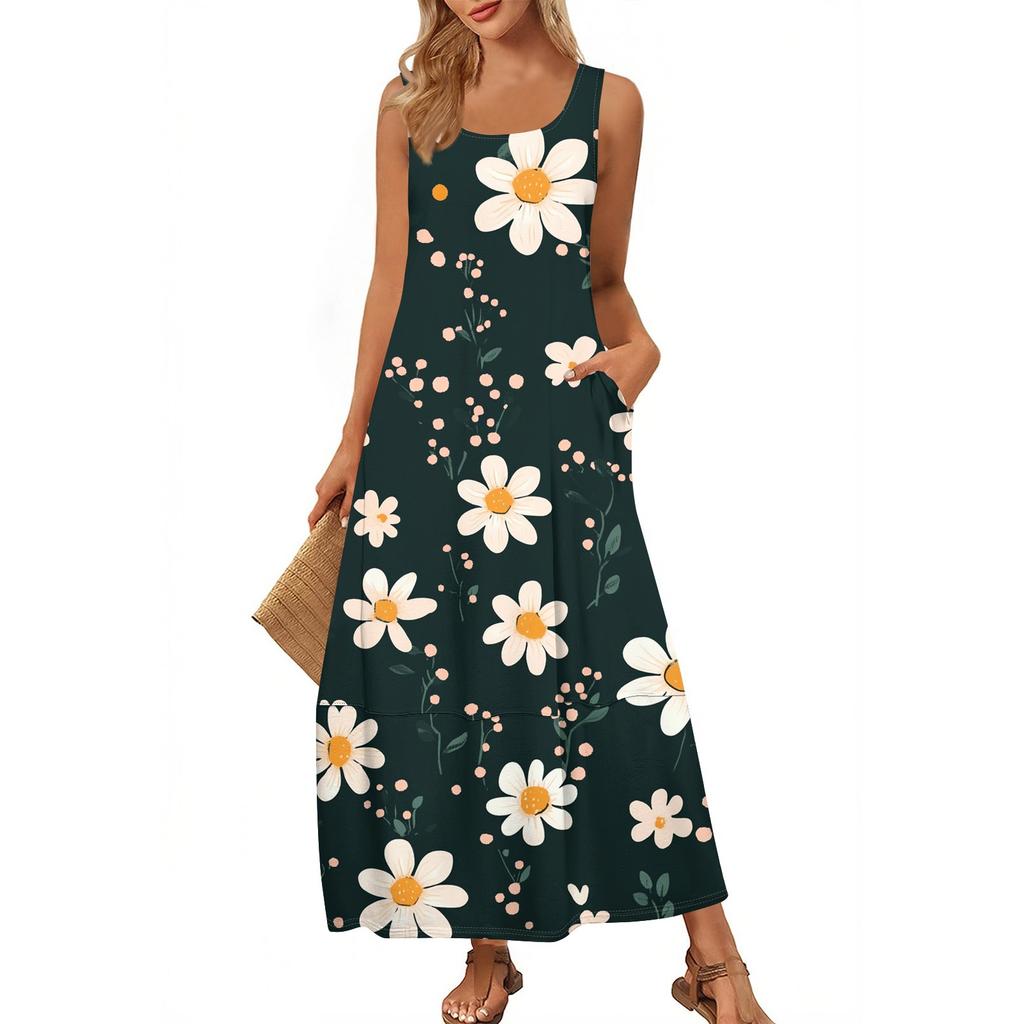 Women's Casual Floor-length Sundress Summer Beach Dress Round Neck Sleeveless Loose  Print Sundress