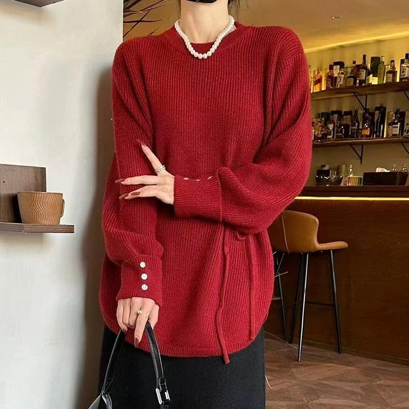 

Medium and long lace-up knitted sweater women s new autumn and winter round neck loose design sweater trend One size червоний