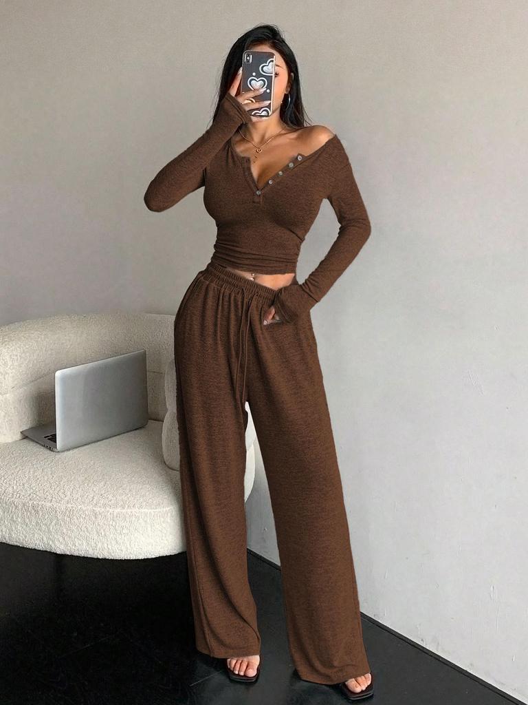 Trendiger Herbst/Winter V-Ausschnitt Weitbeiniger Jumpsuit Set für Damen