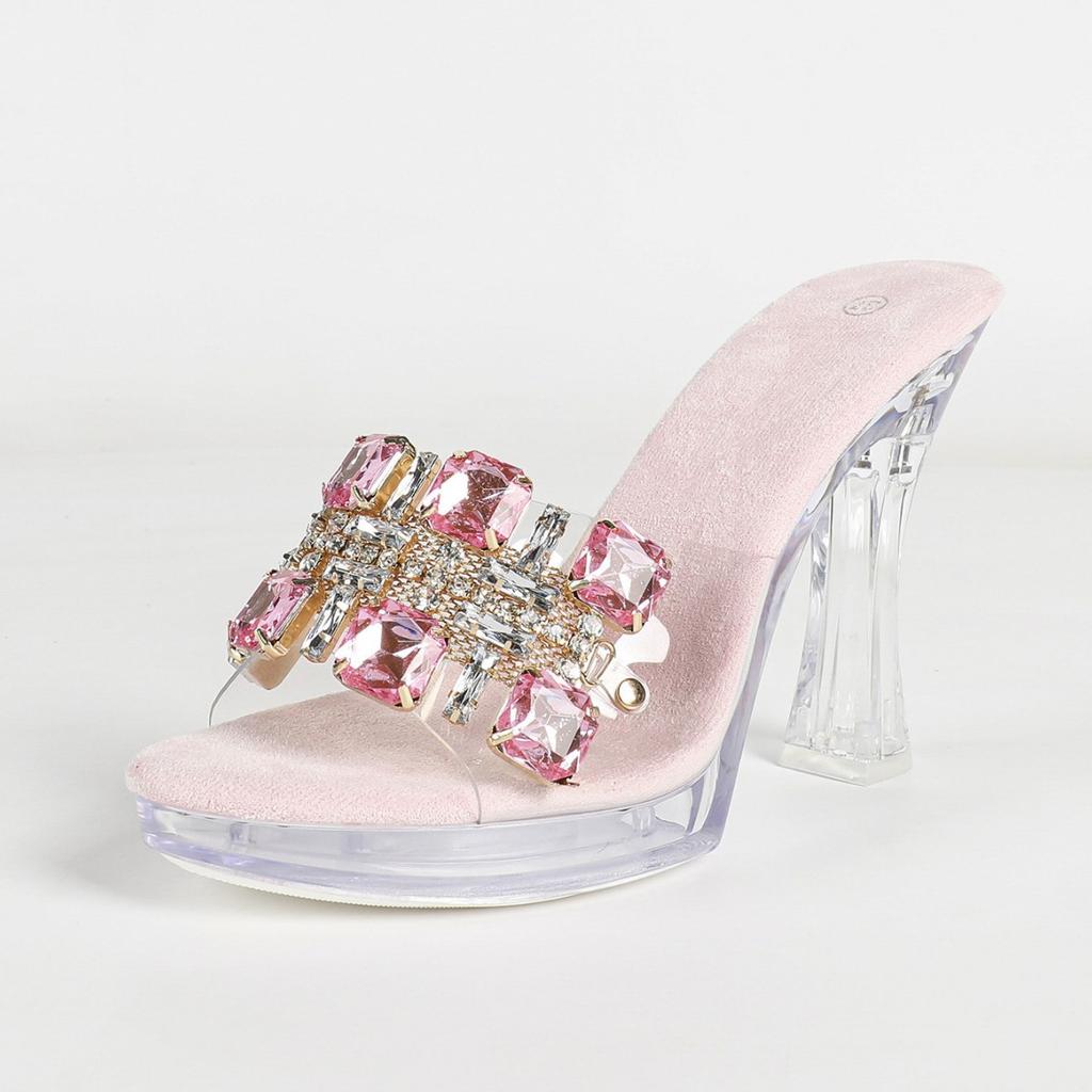 Damen Sexy Strass-Stiletto-Slipper Kristall-Transparente Plateau-Absätze Sommer-Bankett-Party Damen-Schuhwerk LFD-198711-Q3